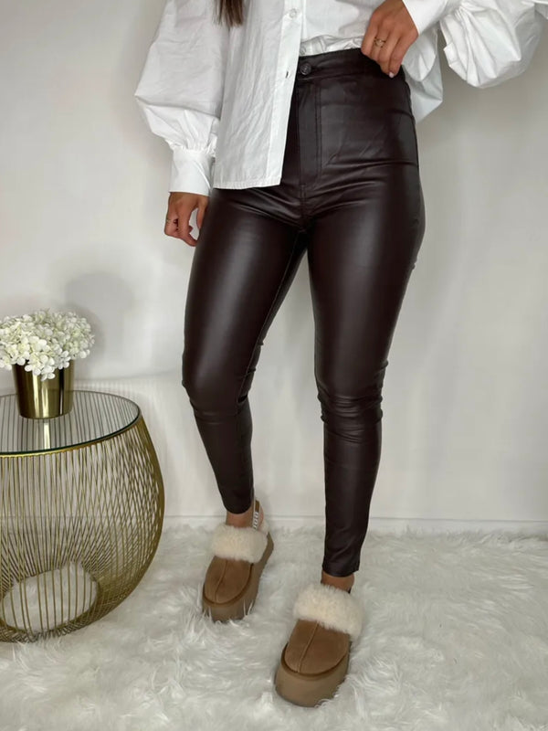 Leather Look Skinny Pants Choco Brown
