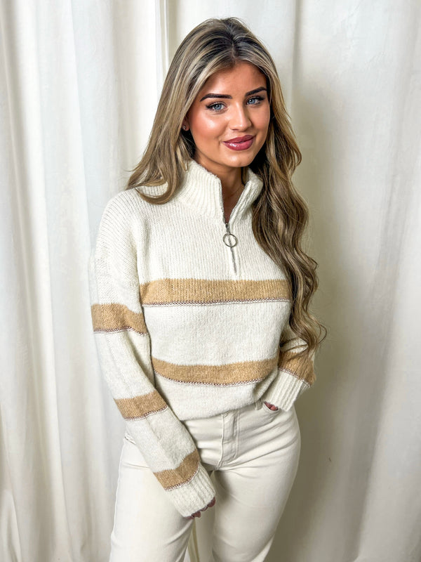 Striped Zip Sweater Sarah Beige